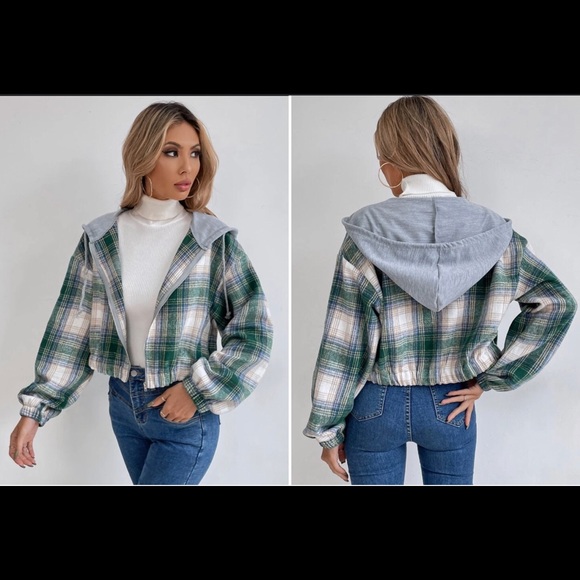 Shein Tartan Print Drop Shoulder Drawstring Hooded Crop Overcoat Size XL - Picture 1 of 9